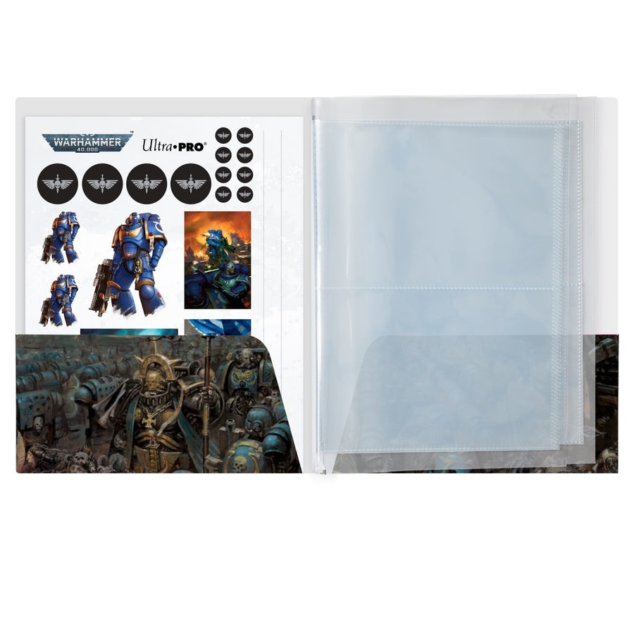 Interior of Warhammer Datasheet and Index Card Folio with character cards and stickers on a white background