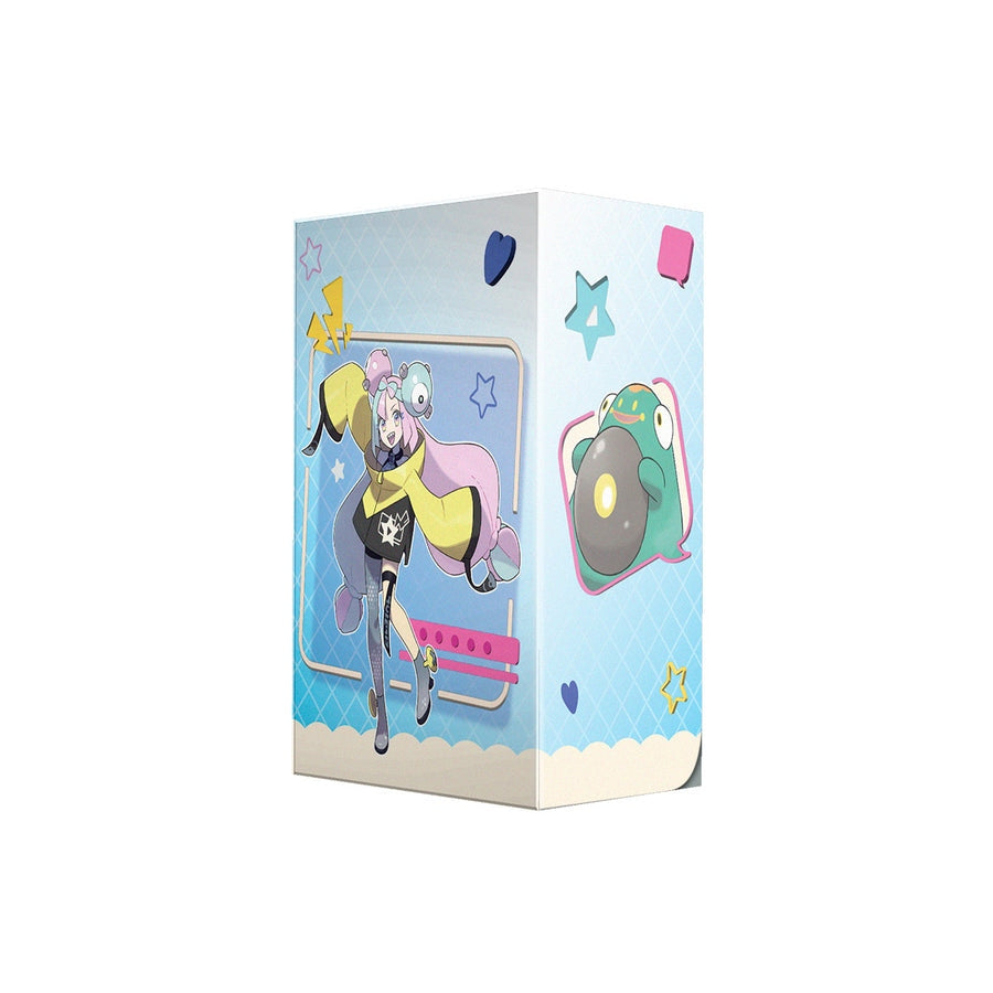 A deck box with Iono from Pokemon on a blue background with decorative elements viewed at a 3/4 angle.
