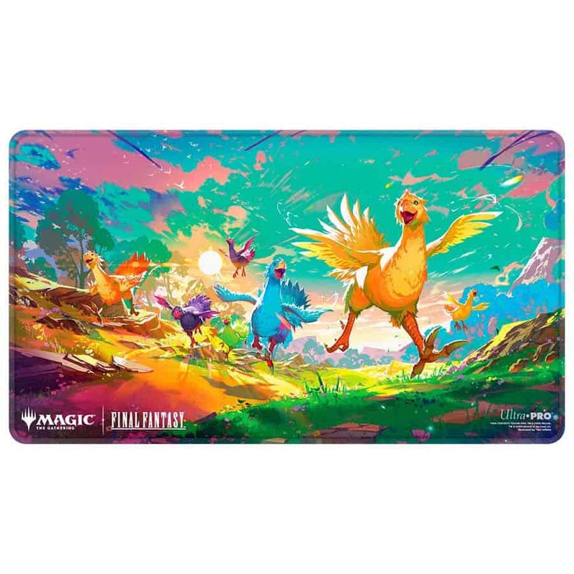 Colorful playmat with fantasy creatures and 'Magic: The Gathering' branding
