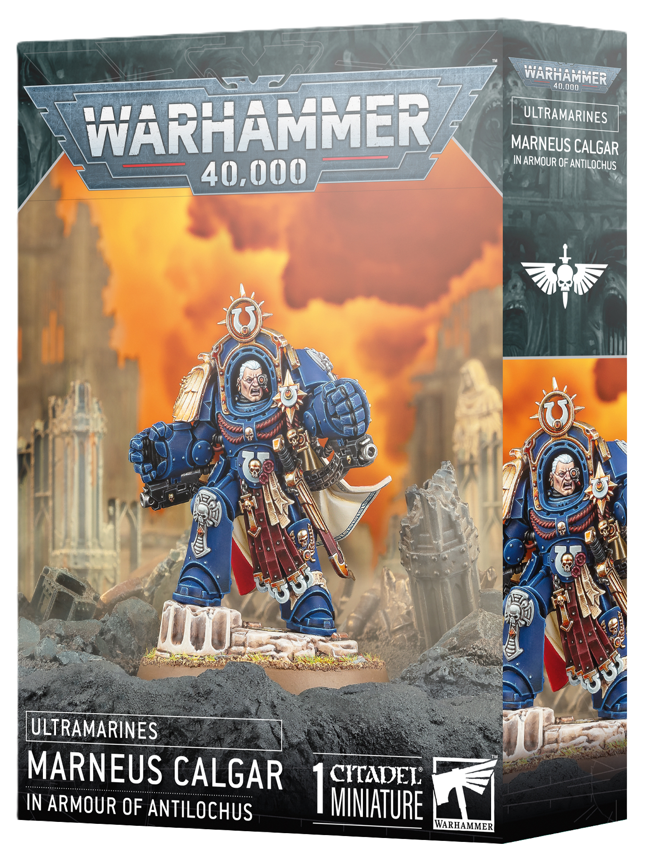 Warhammer 40,000 game box featuring Marneus Calgar in Armour of Antalochus