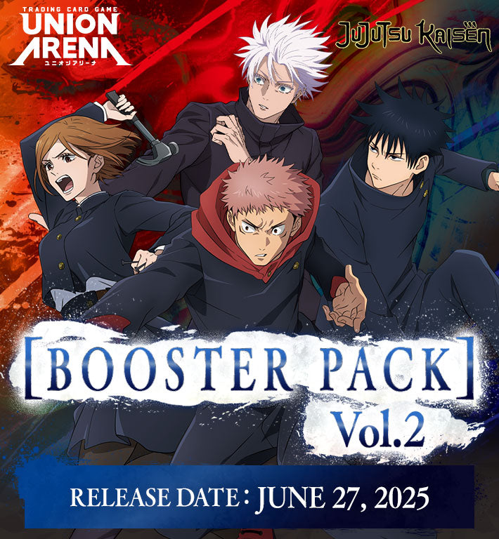 Union Arena Trading Card Game Jujutsu Kaisen Booster Pack Vol. 2 promotional poster with dynamic character action poses, red and blue background, release date June 27th 2025
