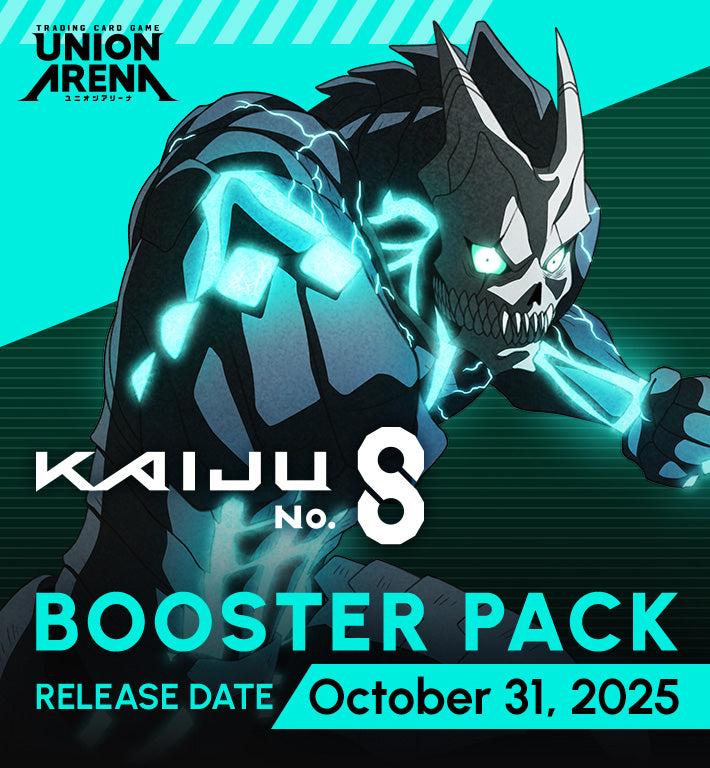 Promotional image for a 'Kaiju No. 8' booster pack release by Union Arena with a dark and glowing design.