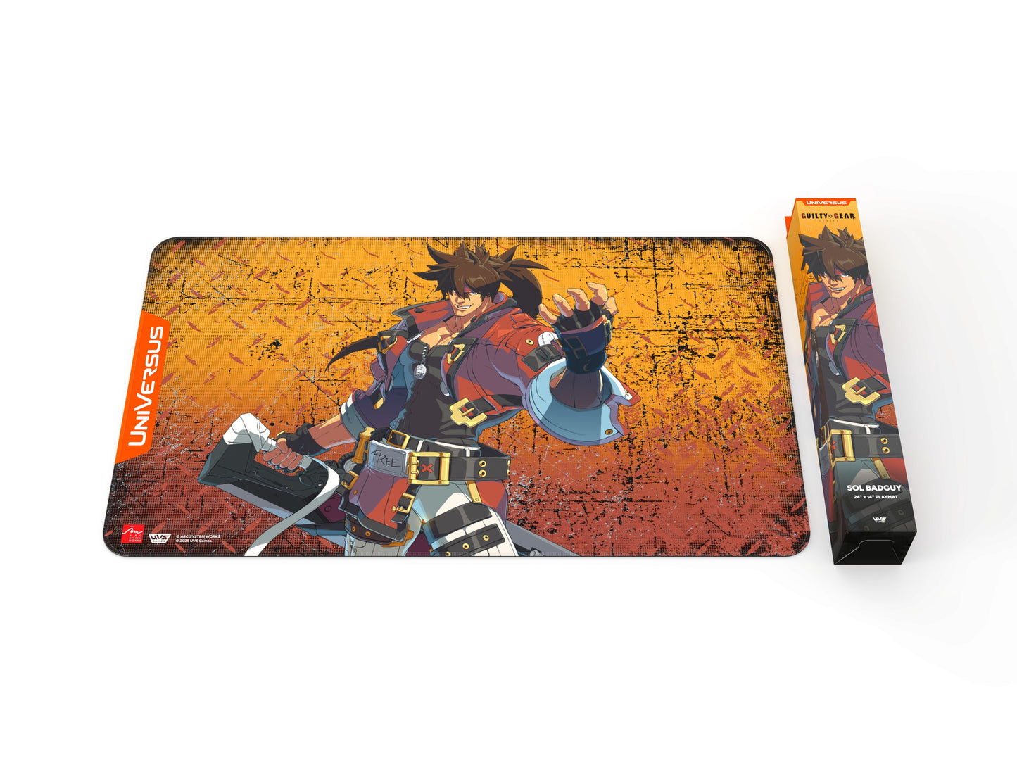 Sol Badguy mouse pad / playmat with packaging on a white background.