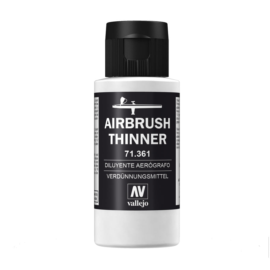 A bottle of Vallejo Airbrush Thinner, primarily white in color with black and gray text and details.
