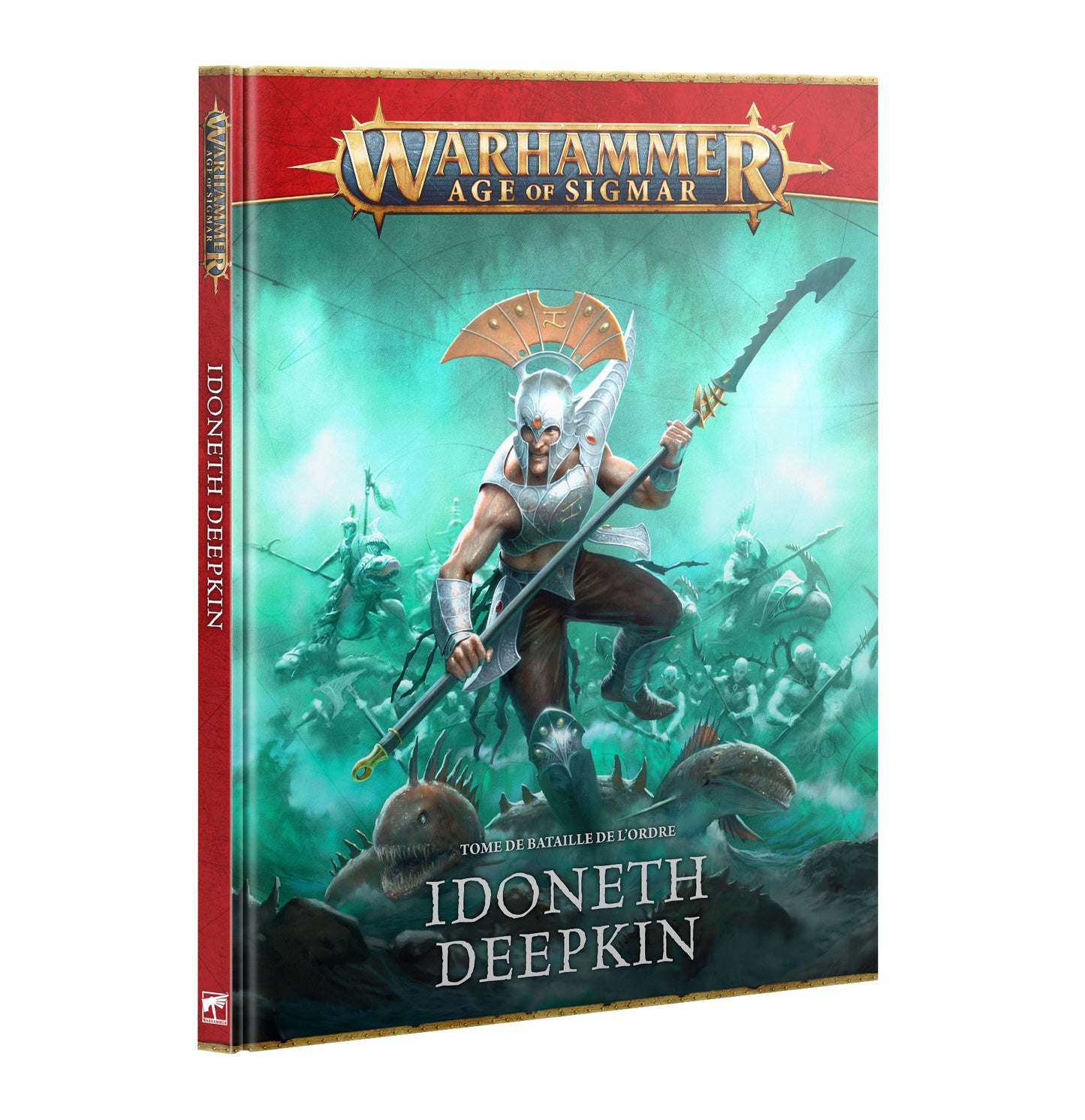 Warhammer Age of Sigmar Battletome: Idoneth Deepkin book cover featuring armored aelf warrior with spear, underwater creatures, and deep-sea battle scene
