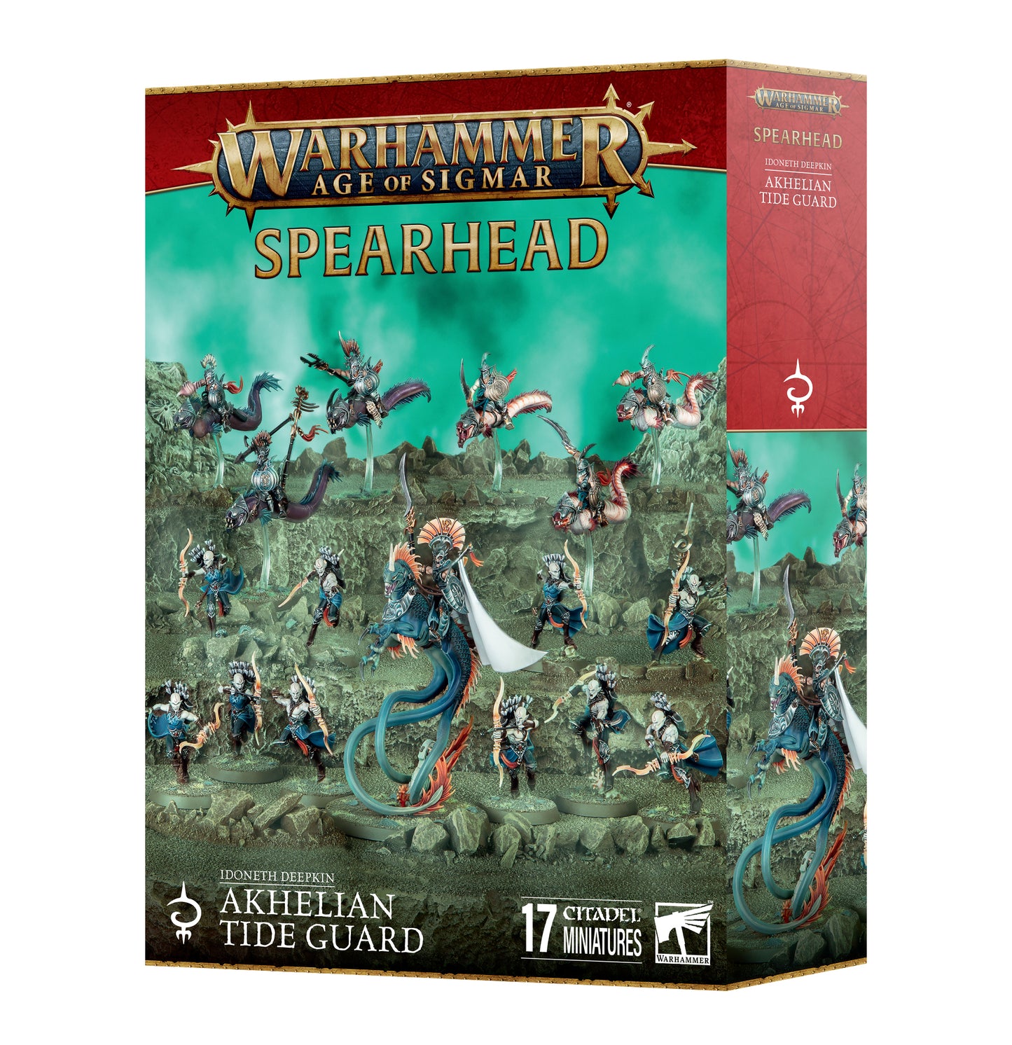 Warhammer Age of Sigmar Spearhead Idoneth Deepkin Akhelian Tide Guard box with 17 Citadel miniatures of sea creature-mounted warriors in underwater-themed artwork.