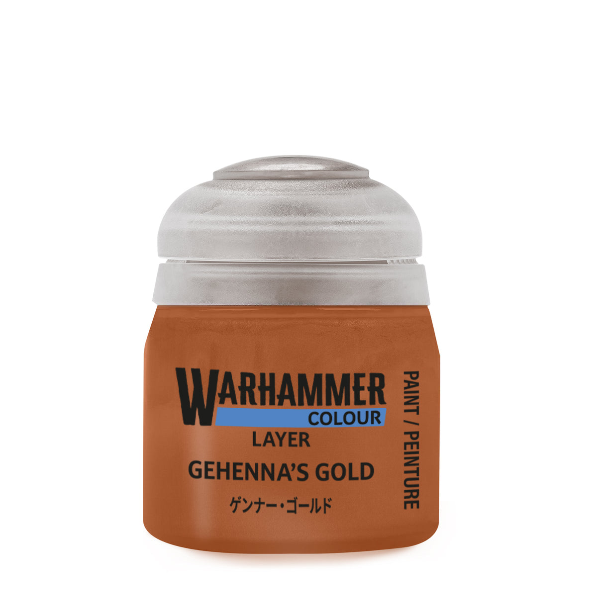 Warhammer Colour paint jar labeled 'Gehenna's Gold' on a white background