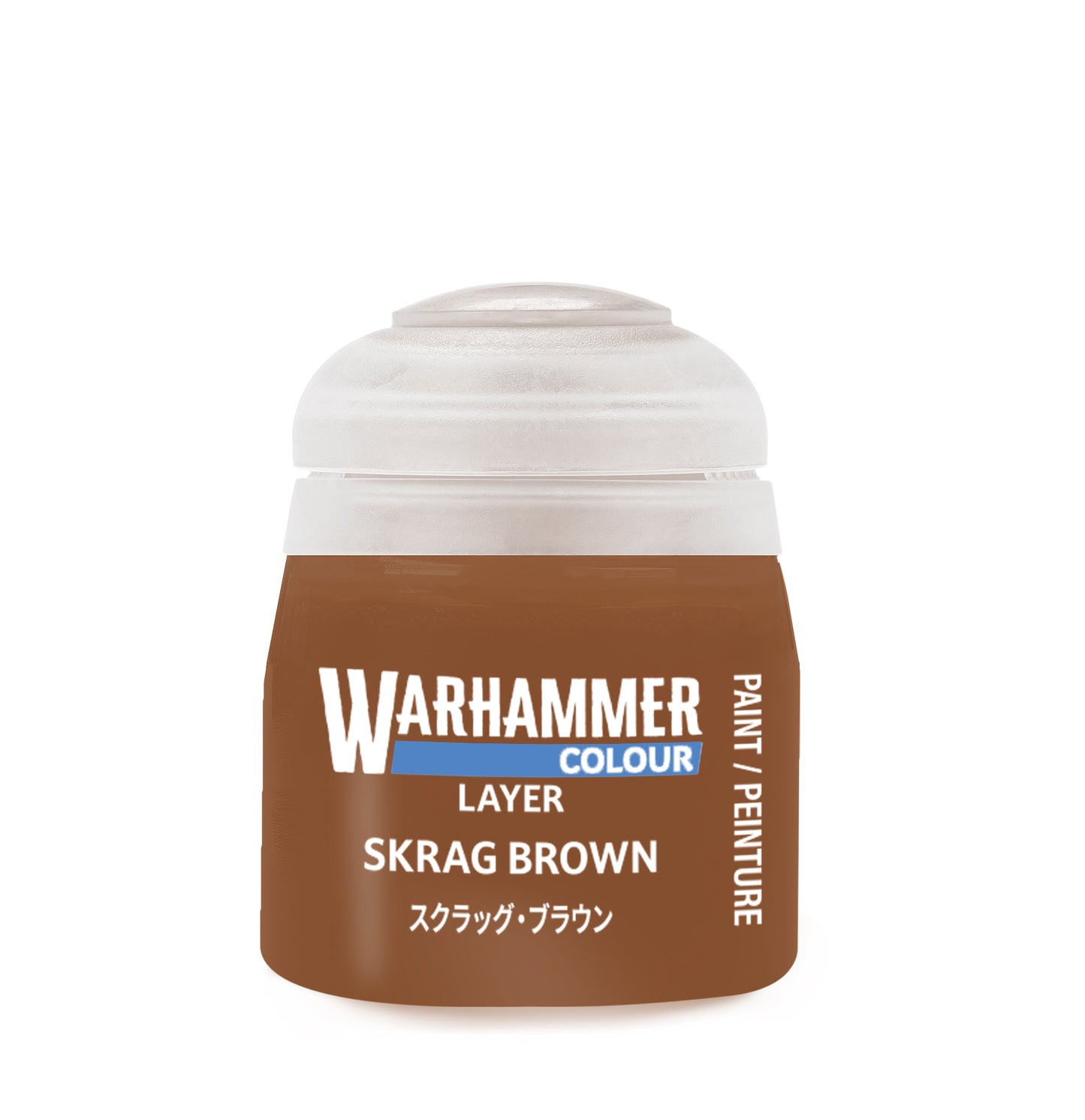 Warhammer paint jar labeled 'Skrag Brown' on a white background