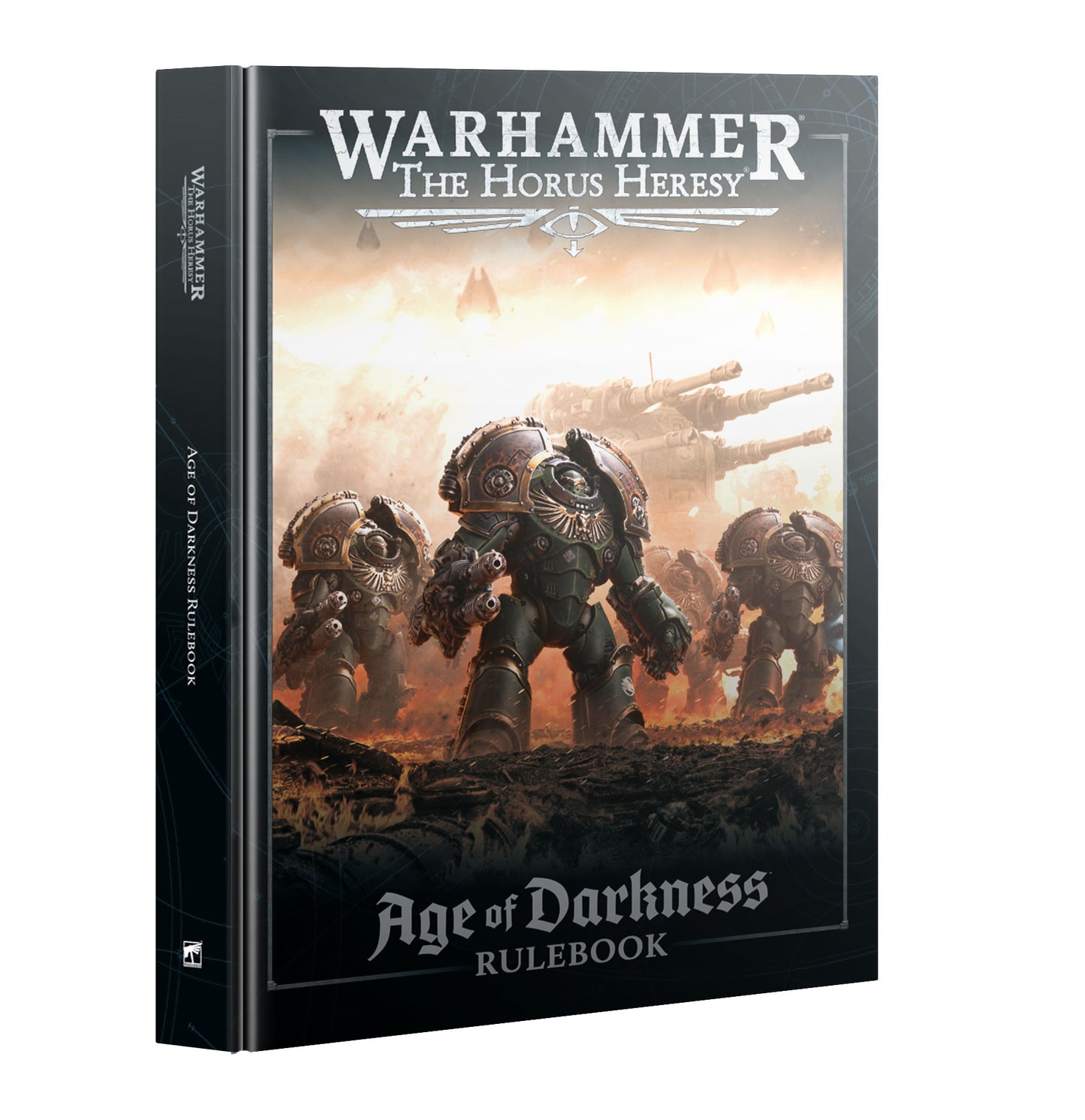 Cover of Warhammer: The Horus Heresy – Age of Darkness Rulebook 3rd Edition featuring armored Space Marines in battle with artillery in the background
