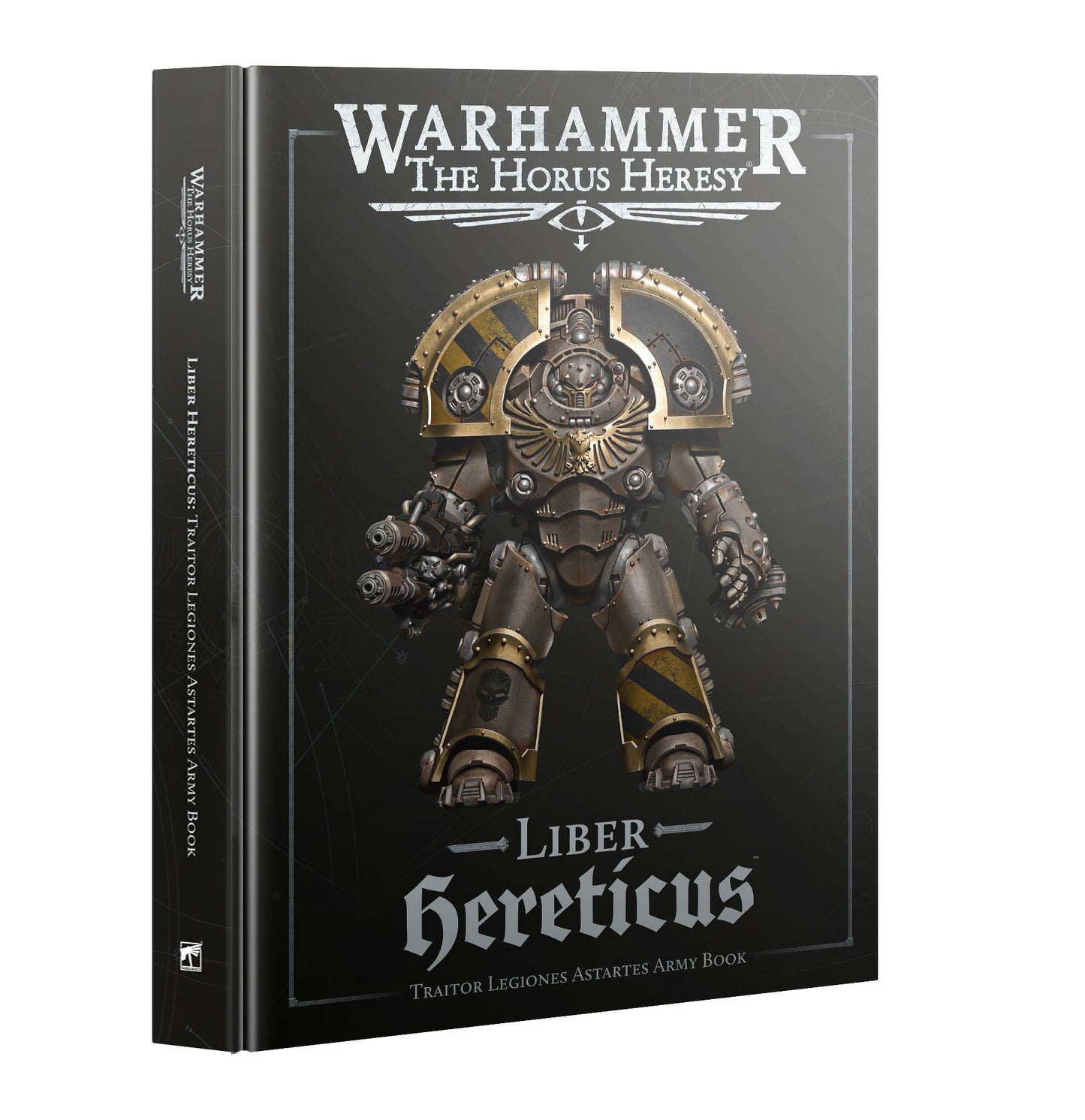 Warhammer The Horus Heresy Liber Hereticus Traitor Legiones Astartes Army Book cover featuring a detailed illustration of a heavily armored warrior in gold and silver armor.