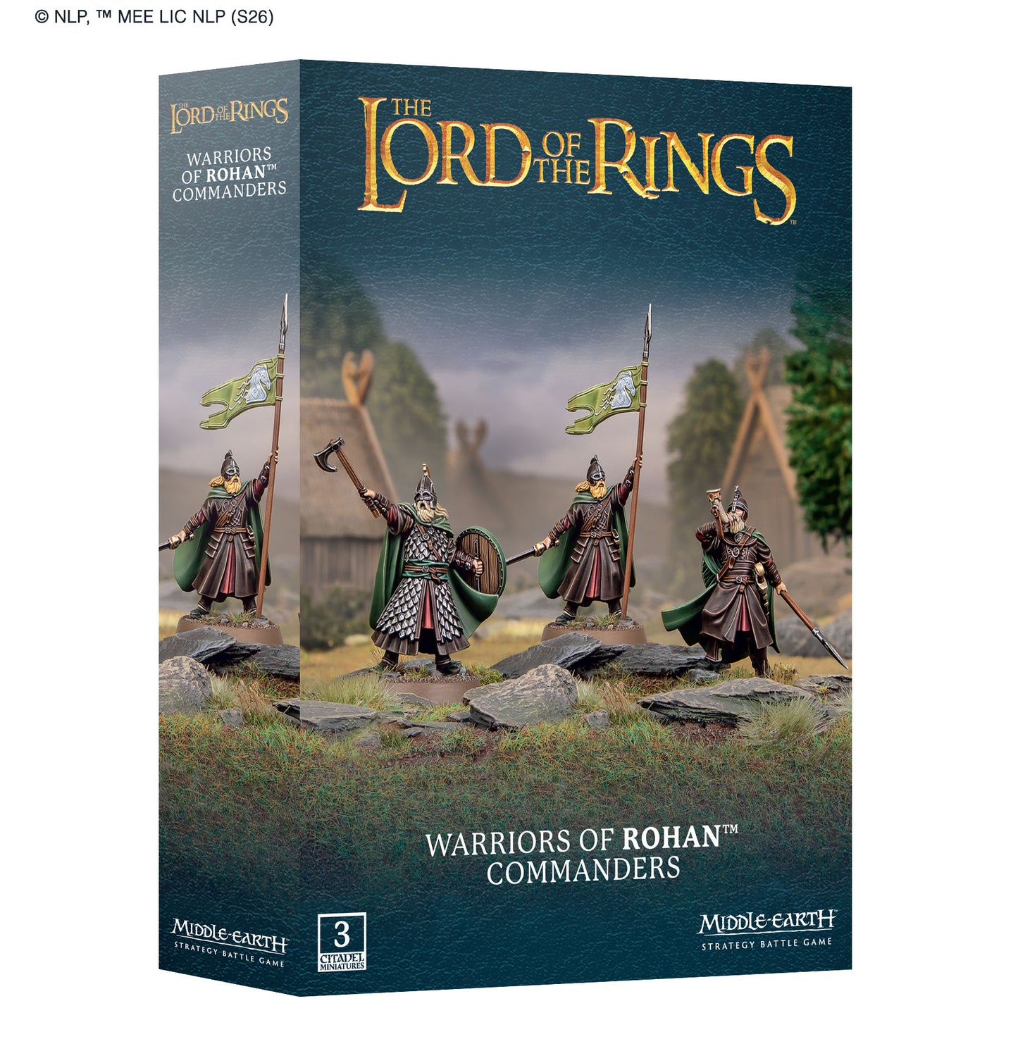 Box for 'The Lord of the Rings: Warriors of Rohan Commanders' with figures on a scenic background.