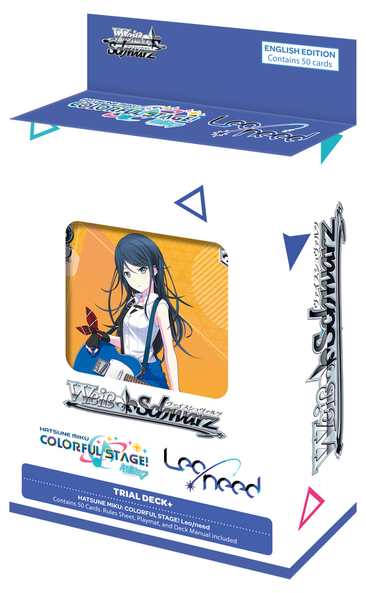 Weiss Schwarz Trial Deck+ box featuring Hatsune Miku from Project Sekai: Colorful Stage! in blue packaging with geometric accents, includes 50 cards, rule book, playmat, and deck manual.