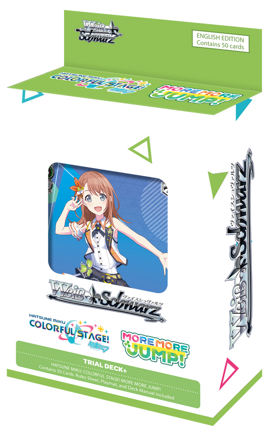 Weiss Schwarz Hatsune Miku Colorful Stage! More More Jump! English Edition trial deck box featuring vibrant artwork of Hatsune Miku, includes 50 cards, rule sheet, playmat, and deck manual.