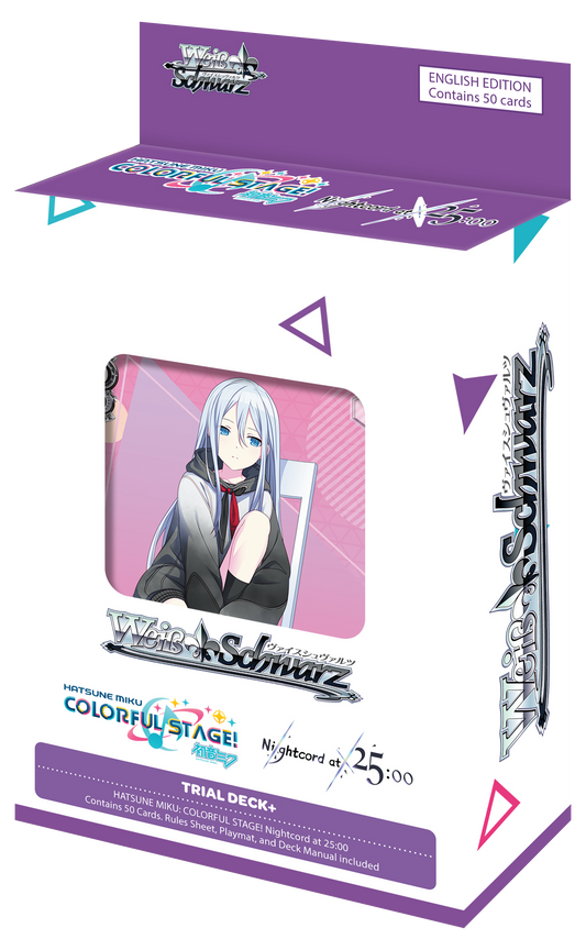 Weiss Schwarz Hatsune Miku Colorful Stage English Edition Trial Deck box featuring character with long silver hair in school uniform, includes 50 cards and branded packaging.