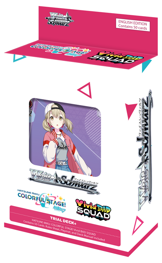 Weiss Schwarz Hatsune Miku Colorful Stage! Vivid BAD SQUAD English Edition Trial Deck box featuring character artwork, colorful packaging, and includes 50 cards, rule sheet, playmat, and deck manual.