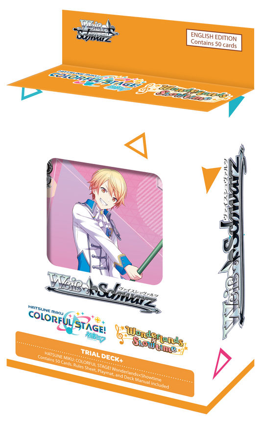 Weiss Schwarz Hatsune Miku Colorful Stage! Wonderlands x Showtime English Edition Trial Deck box featuring character in white and blue outfit with microphone, includes 50 cards and colorful packaging.