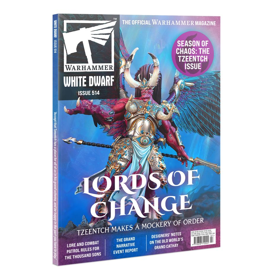 Warhammer White Dwarf Issue 514 magazine cover featuring Tzeentch, the Lord of Change, with vibrant fantasy artwork, Thousand Sons Combat Patrol rules, Grand Narrative event highlights, and Grand Cathay designer notes