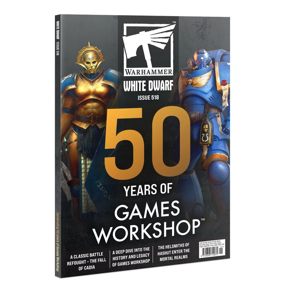 Magazine cover celebrating 50 years of Games Workshop with warrior characters on a black background.