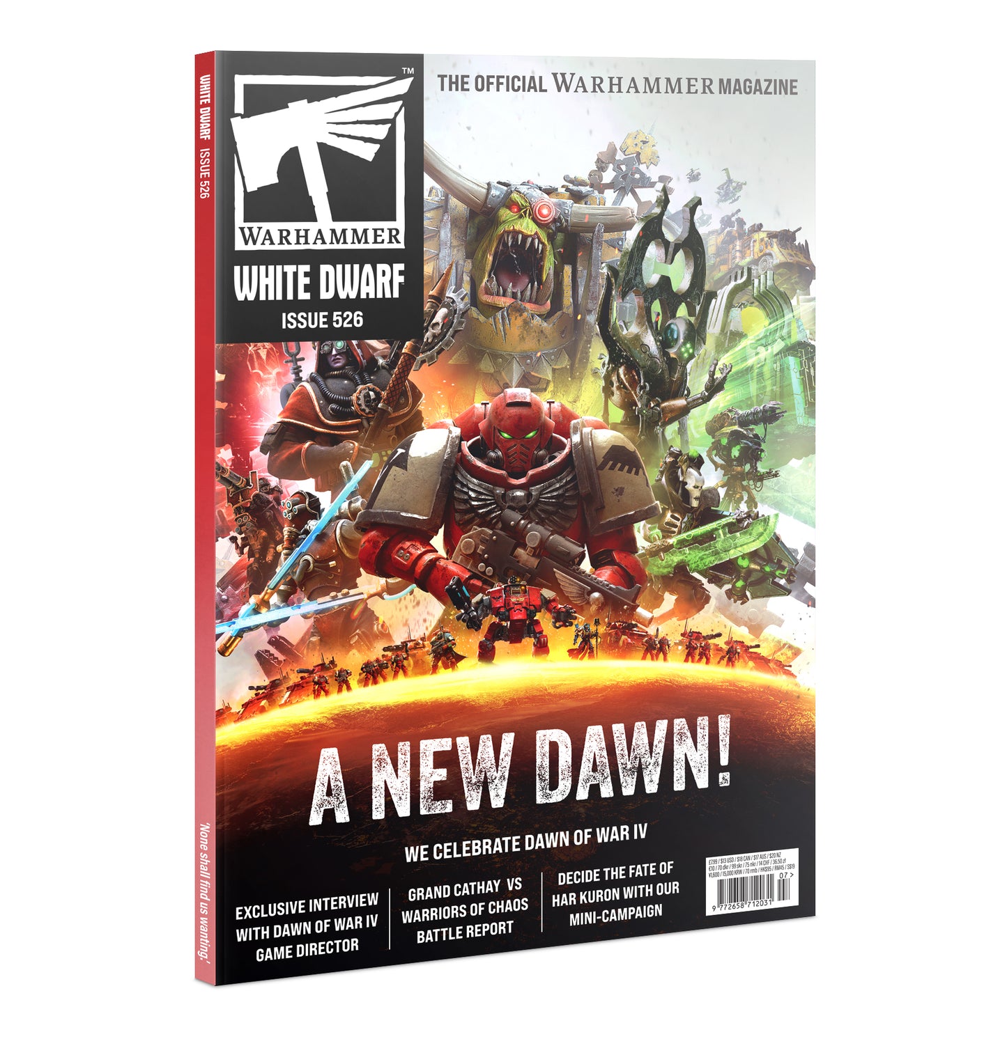 Warhammer White Dwarf magazine, Issue 626, featuring a colorful cover illustration of a red Space Marine warrior in battle with various fantasy creatures and a glowing orange horizon. The cover includes the Warhammer logo and the headline 'A NEW DAWN!'.