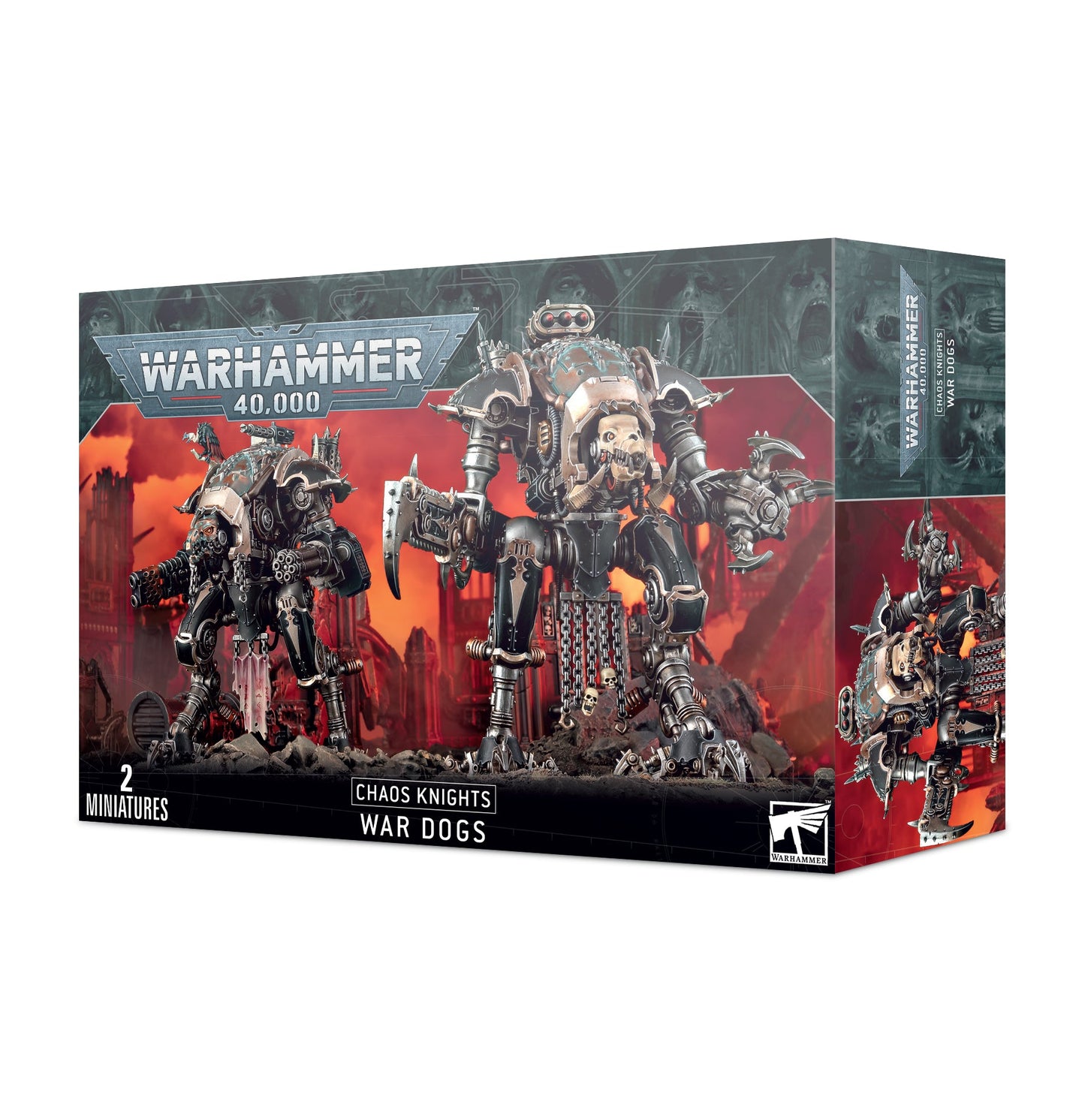 Warhammer 40,000 Chaos Knights War Dogs box set with two mechanical war machine miniatures, fiery apocalyptic background with red skies and ruins