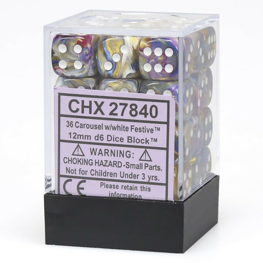 Chessex Dice: D6 Block 12mm - Festive - Carousel with White (CHX 27840) - Gamescape