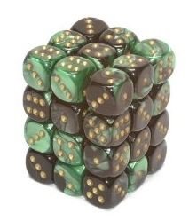 Chessex Dice: D6 Block 12mm - Gemini - Black-Green with Gold (CHX 26839) - Gamescape