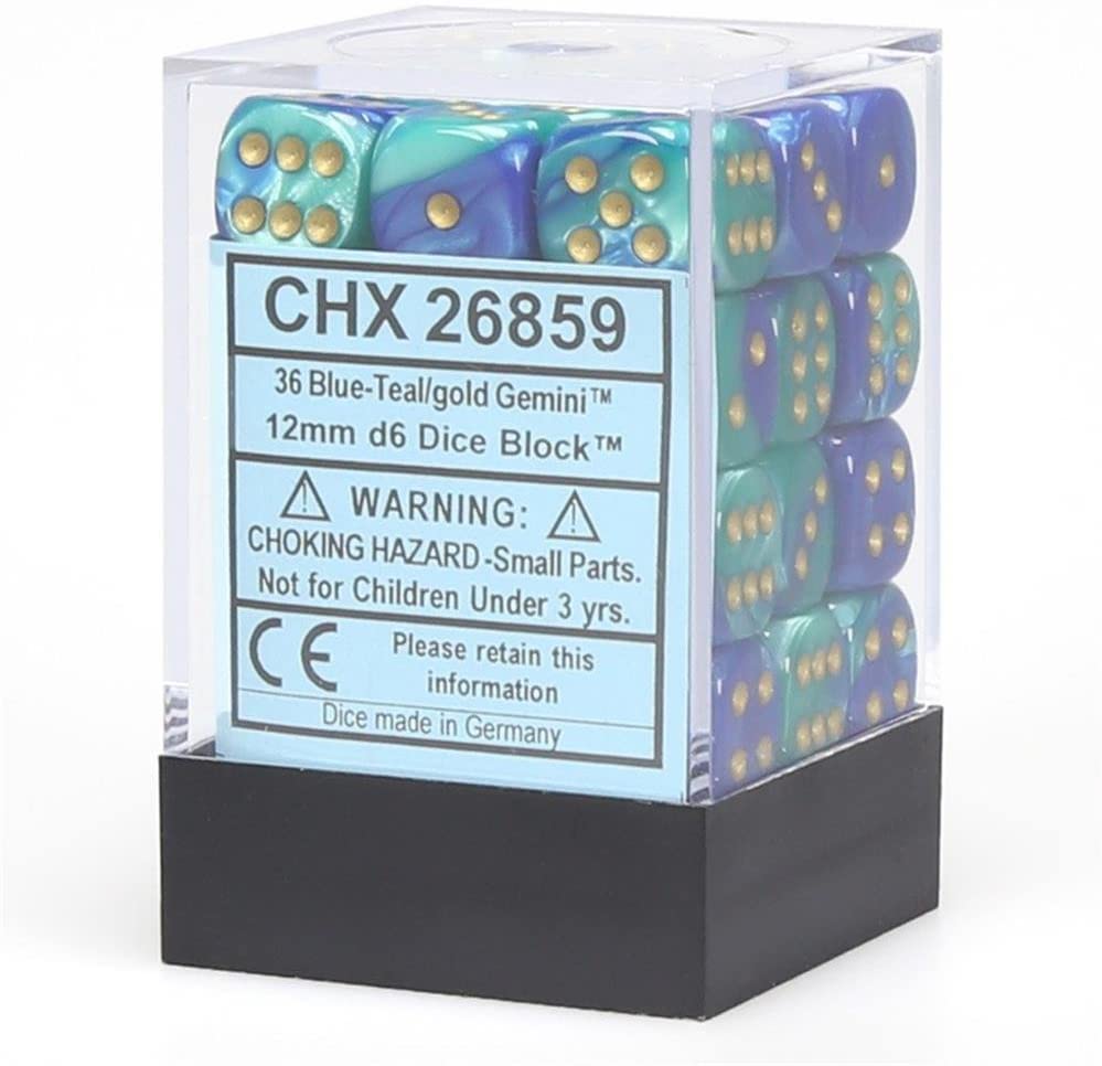 Chessex Dice: D6 Block 12mm - Gemini - Blue-Teal with Gold (CHX 26859) - Gamescape