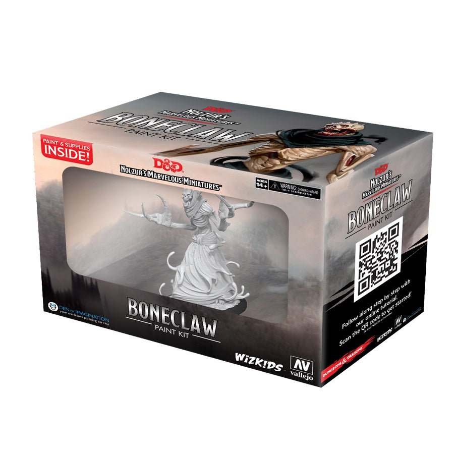 Dungeons & Dragons Nolzur's Marvelous Miniatures Boneclaw Paint Kit box with included Vallejo paints and supplies, WizKids branding, and QR code for painting tutorial