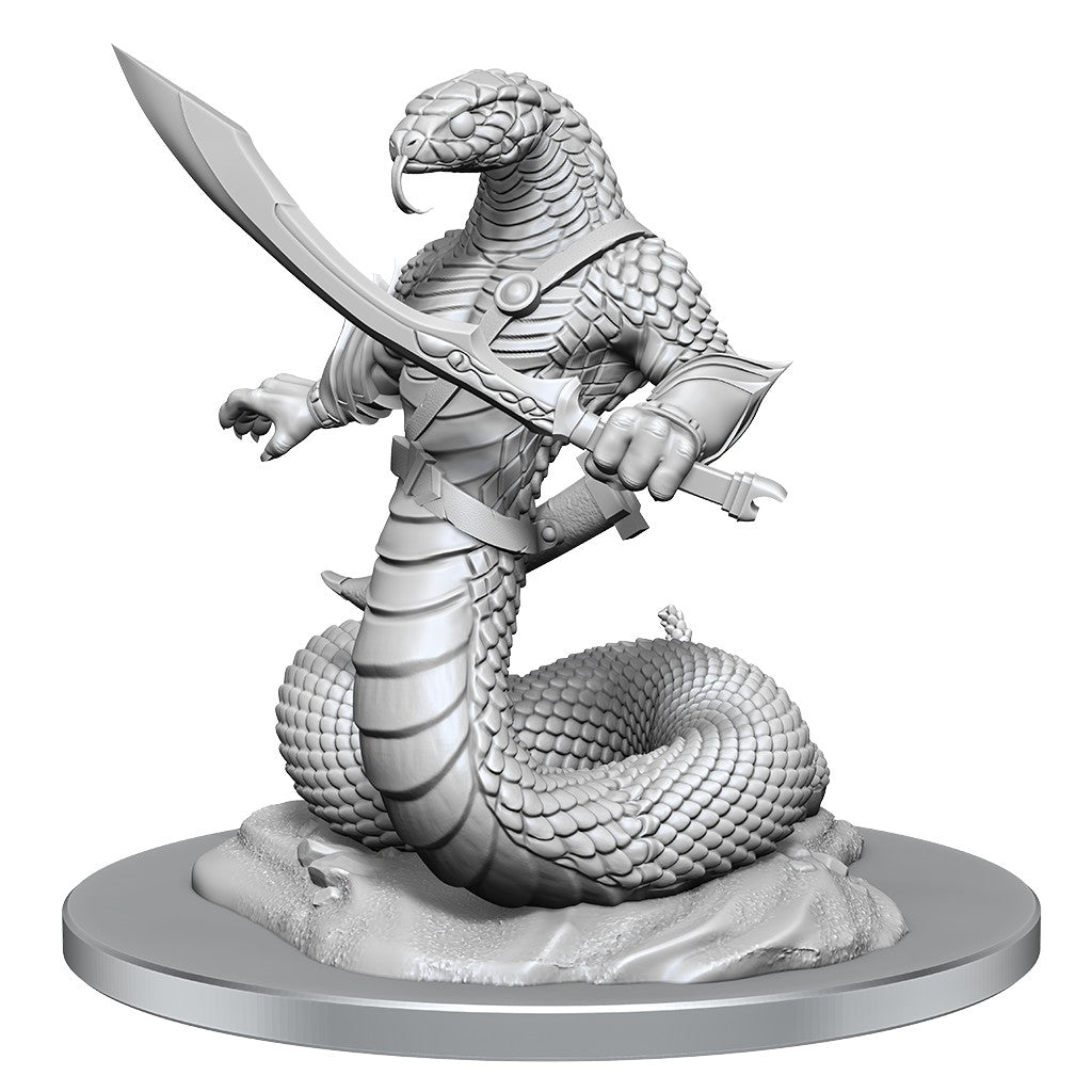 3D miniature model of snake-bodied humanoid warrior wielding dual swords, featuring detailed armor and rocky terrain base for tabletop gaming or fantasy diorama.