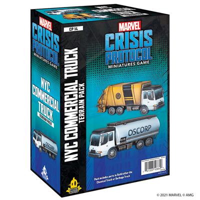 Marvel Crisis Protocol: NYC Commercial Truck Terrain Pack featuring detailed miniatures of a garbage truck and a chemical truck for tabletop battles.