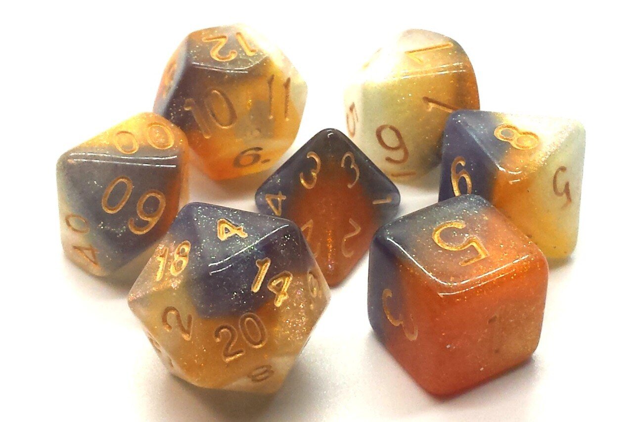 Old School Dice: 7 Die Set - Galaxy - Black, Orange & Ivory - Gamescape