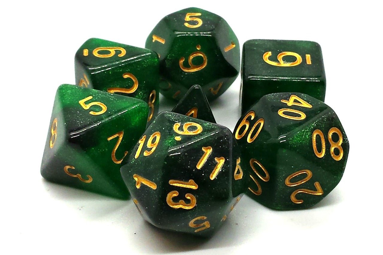 Old School Dice: 7 Die Set - Galaxy - Green & Black - Gamescape