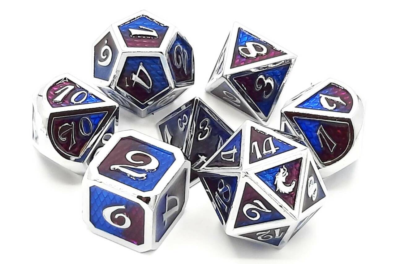 Old School Dice: 7 Die Set - Metallic - Dragon Scale - Purple & Blue - Gamescape