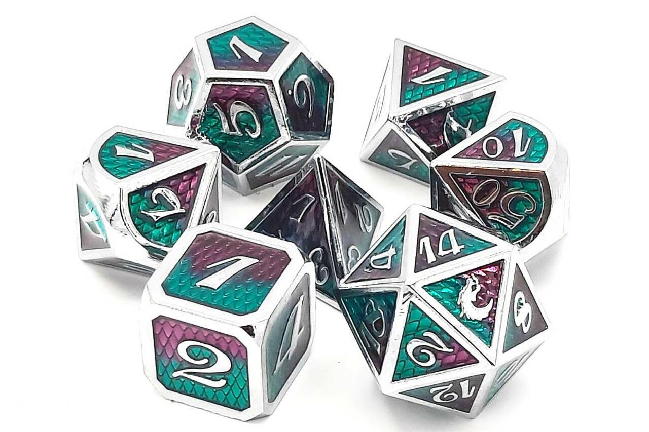 Old School Dice: 7 Die Set - Metallic - Dragon Scale - Purple & Green - Gamescape