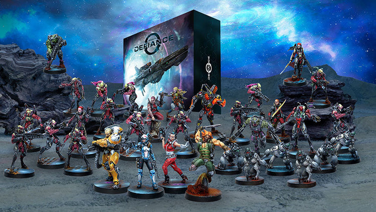 An assortment of Corvus Belli miniatures with a stormy background.