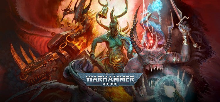 Warhammer 40,000 artwork featuring a Khorne, Nurgle, Tzeentch, and Slaanesh daemons emerging from the warp into real space and attacking.