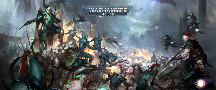 Warhammer 40,000 artwork showing a chaotic battle between armored warriors with futuristic weapons. Explosions and smoke fill the background as two factions clash—one high-tech, the other more barbaric.