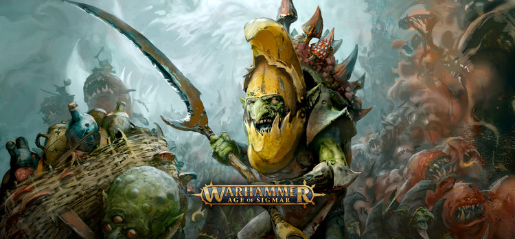 Warhammer: Age of Sigmar artwork showing a green-skinned creature with a banana-peel helmet and curved blade, surrounded by grotesque allies in a chaotic fantasy battle. The game logo appears at the bottom.