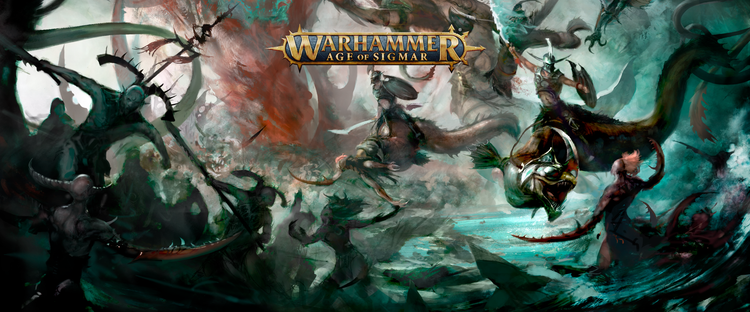 Promotional artwork for Warhammer: Age of Sigmar showing armored warriors riding serpentine beasts in a dramatic battle scene. The background features swirling mists and ominous skies, with fantastical creatures clashing using swords and spears.