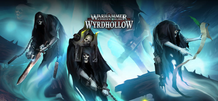Warhammer Underworlds: Wyrdhollow artwork showing three ghostly, hooded figures in blue mist—one with a glowing skull face and sword, another with a chained blade, and the third holding a scroll and quill.