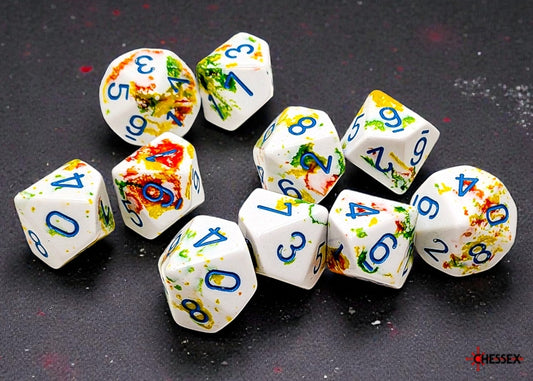 Set of Brush effect white and red dice with blue numbers on a dark surface