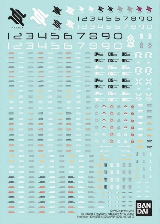 Decal sheet with various symbols and numbers on a light blue background, featuring the Bandai logo.