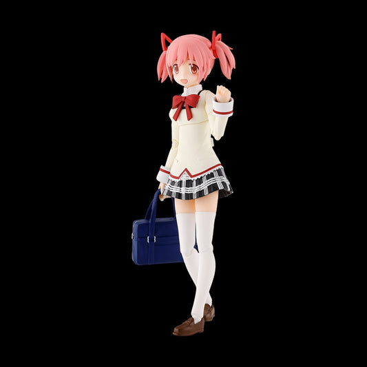 Madoka Kaname figurine with pink hair and a blue handbag on a white background