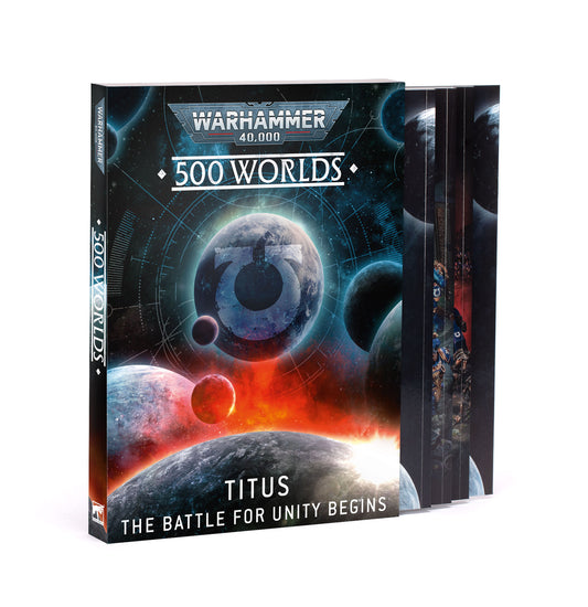 Warhammer 40,000 500 Worlds Titus book cover on a white background. The battle for Unity Begins