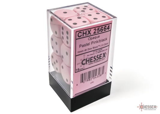 Chessex: 12 Piece D6 Dice Set Opaque Pastel Pink with Black