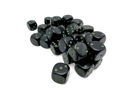 Chessex: 36 Piece D6 Dice Set Opaque Black with Green