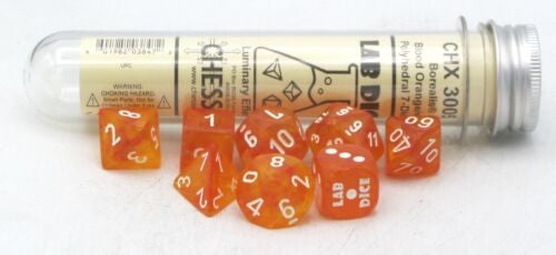 Chessex: 7 Piece Dice Set Borealis Blood Orange with White (With Bonus Die)