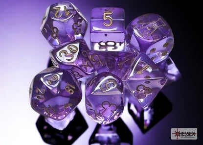 Chessex: 7 Piece Dice Set Translucent Lavender with Gold (With Bonus Die)