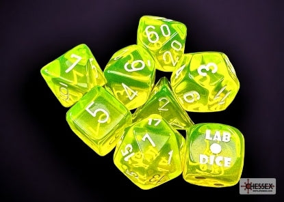 Chessex: 7 Piece Dice Set Translucent Neon Yellow with White (With Bonus Die)