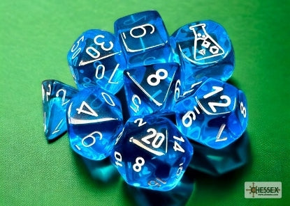 Chessex: 7 Piece Dice Set Translucent Tropical Blue with White (With Bonus Die)